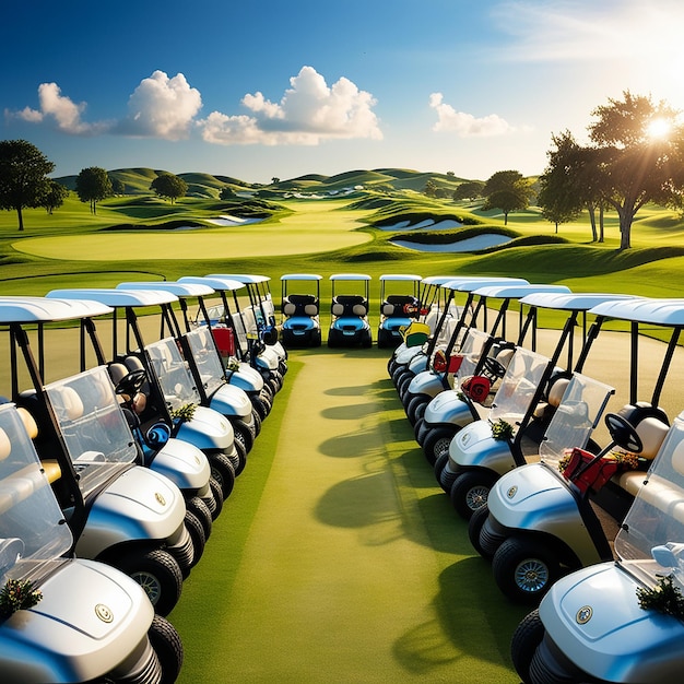 Photo golf cart park in front of green golf court landscape