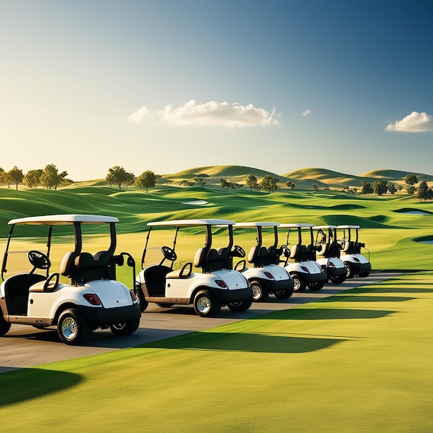 Photo golf cart park in front of green golf court landscape