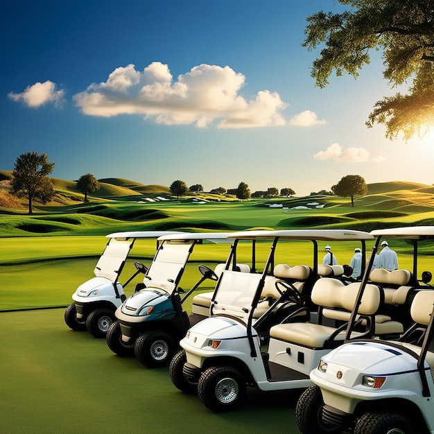 Photo golf cart park in front of green golf court landscape