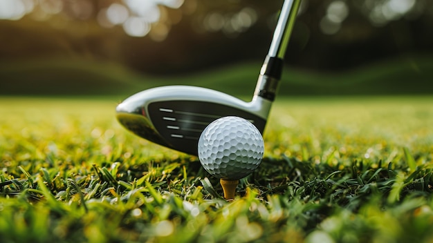 golf club and ball on green field a golf ball teed up on a golf tee on a wellmanicured fairway