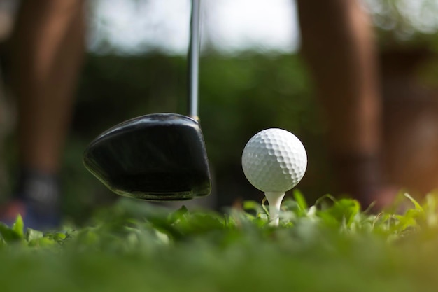 Golf clubs and golf balls on a green lawn in a beautiful golf course