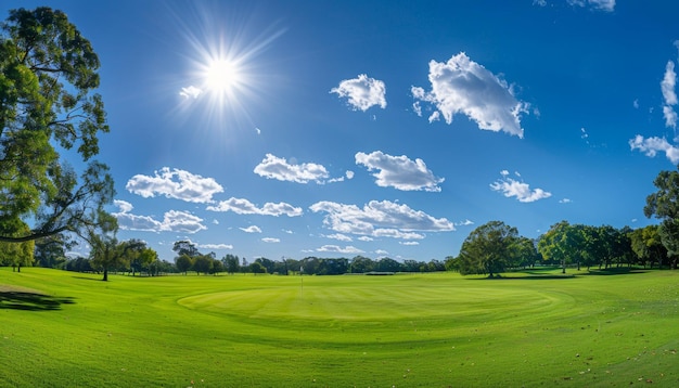 Golf course beauty on a sunny day vibrant fairways against blue sky Picturesque scene