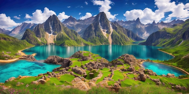 Golf course by the lake with mountains in the background