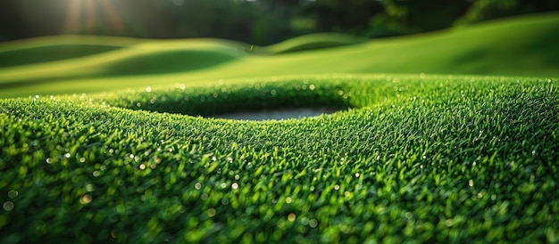 Photo golf course hole with dewy grass