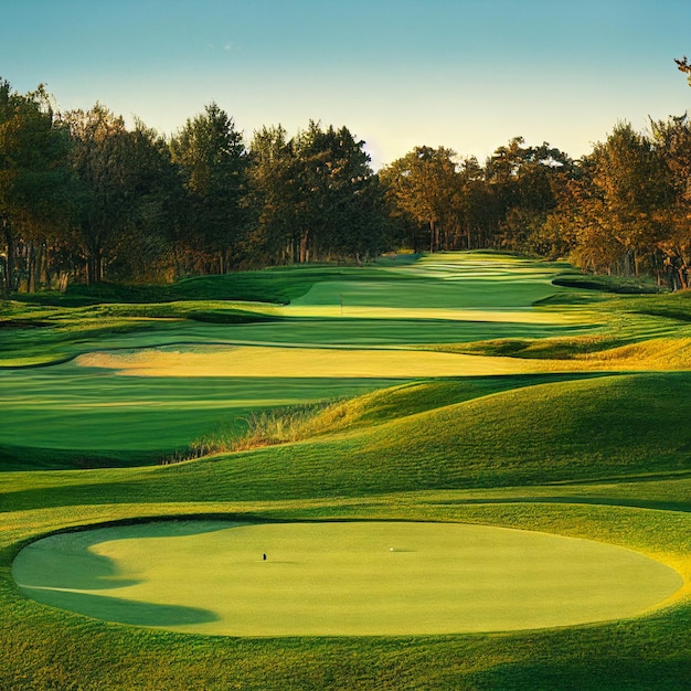 Golf course landscape golf field background with green grass on sunny day