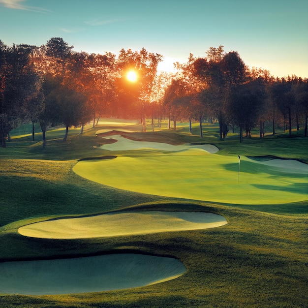 Golf course landscape golf field background with green grass on sunset