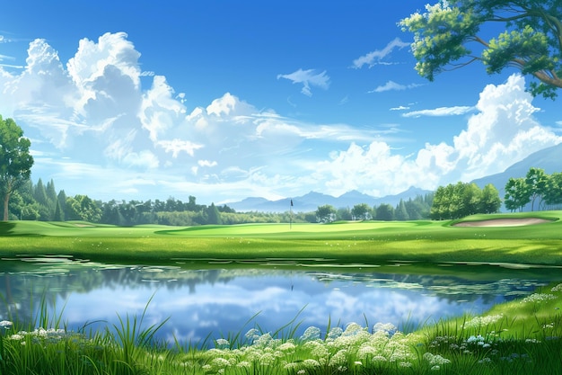 Golf course landscape golf field background with pond on sunny day