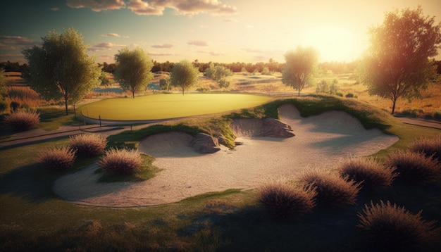 Golf course in a sunny day background Generative AI