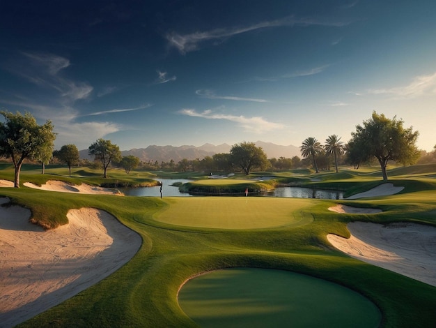 Photo a golf course with a golf club and a hole in the background