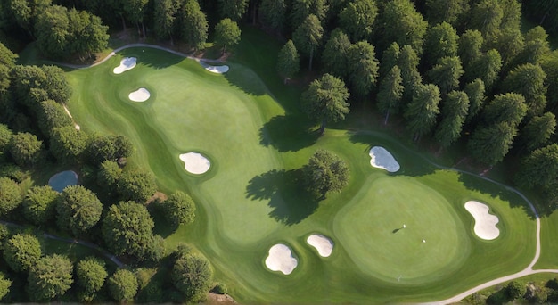 Photo a golf course with a golf club and trees in the background