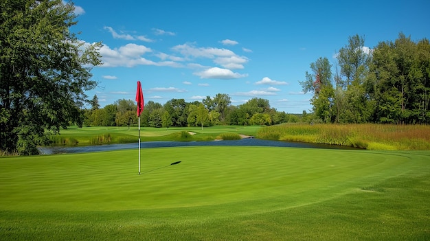 golf course with a golf course and a golf course with a green and a red flag on the left