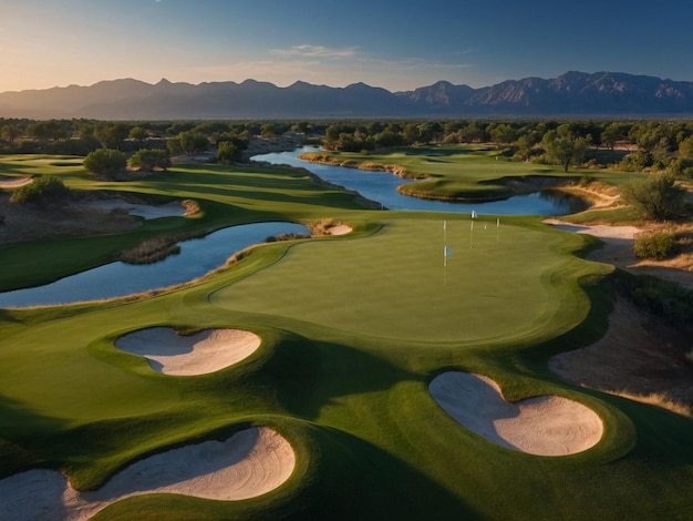 Photo a golf course with a golf course and mountains in the background