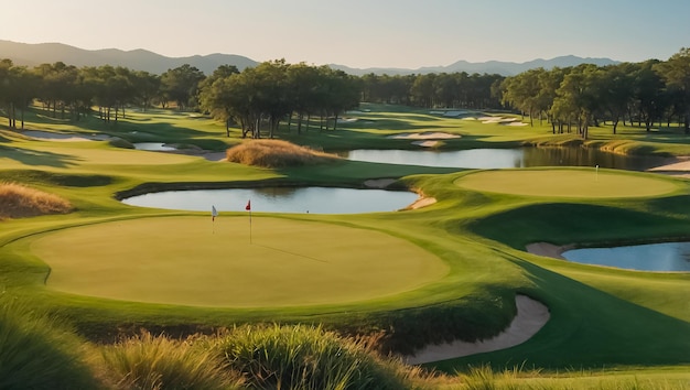 Photo a golf course with a golf course and a pond in the background