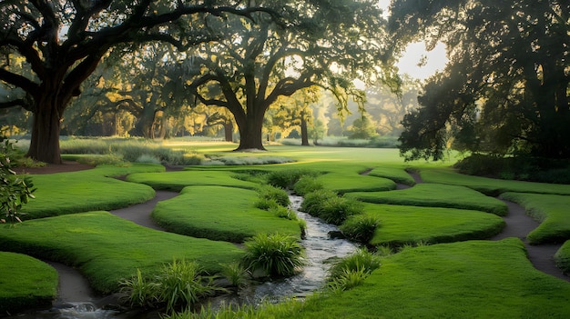 Photo a golf course with a stream running through it and a tree in the background