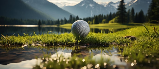 golf on green field has mountain background