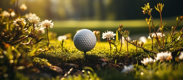 golf on green field has mountain background