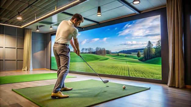 Photo golf player playing golf indoors on golf simulator closeup driving range with screen for golf and golfer legs