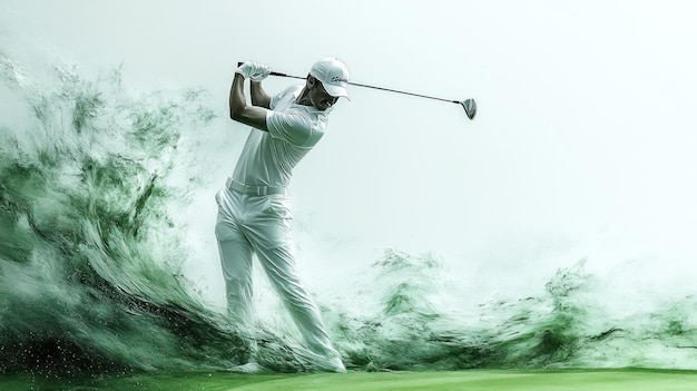 Photo golf player swinging in a green wave