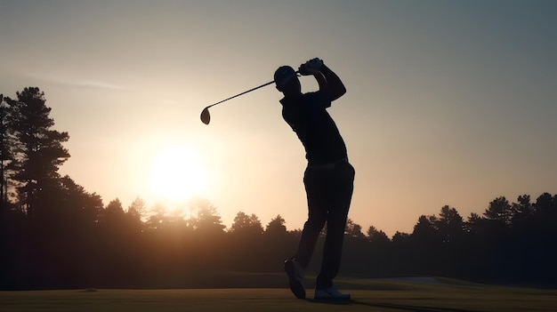 A golf player swings his club in front of a sunset.