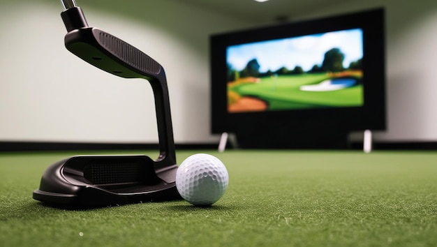 Photo a golf putter and ball on a green artificial turf with a large screen showing a golf course in the background