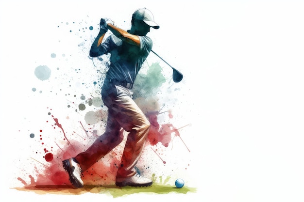 Golf watercolor splash player in action with a ball isolated on white background