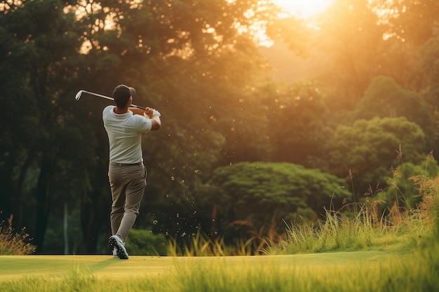 Photo golfer aiming shot with scenic mountain backdrop