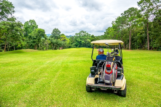 Golfer driving club cart on fairway in golf course