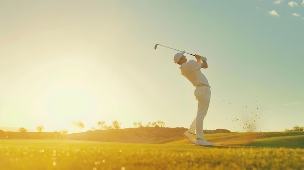 Golfer executing a swing on a vibrant green golf course during a serene sunset