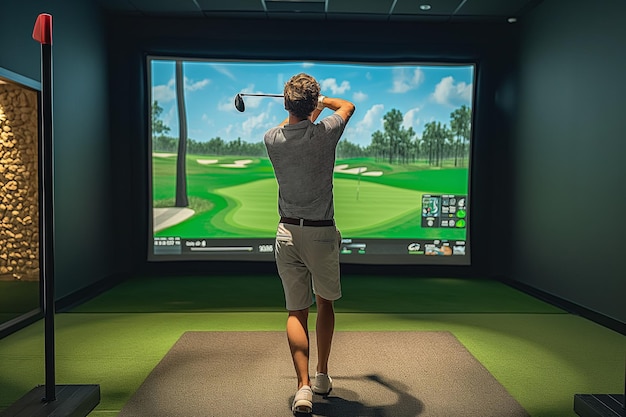 Photo golfer playing golf in indoor golf simulator mixed media golf simulator