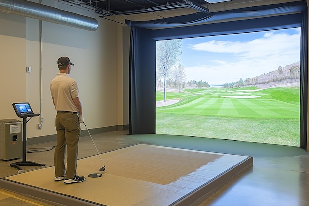 Photo golfer playing golf in indoor simulator golf simulator