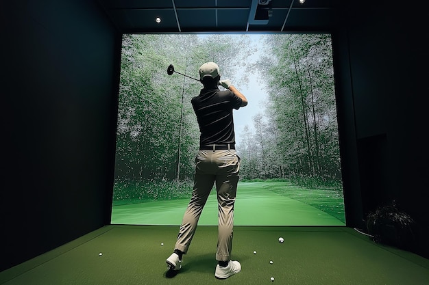 Photo golfer playing golf in indoor simulator mixed media golf simulator