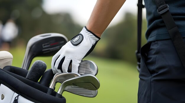 Photo golfer s hand with golf clubs in bag