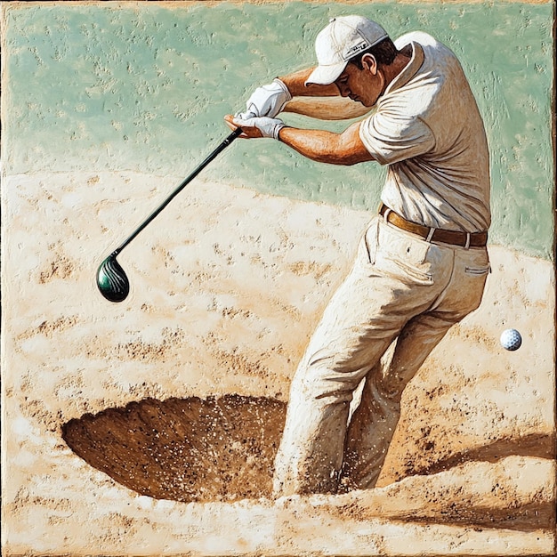 A golfer in a sand trap using a sand wedge to hit the ball