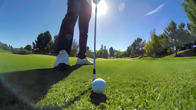 Golfer Teeing Off on Lush Green Golf Course in Scenic Nature Setting