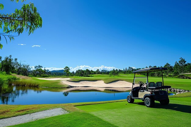 Photo golfers drive a golf car across a golf course with water lake golf sport in the background of a tropical landscape