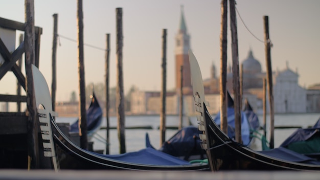 Gondolas mooring in venice italy