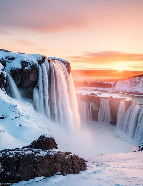 Good afros waterfall at sunset in winter Iceland