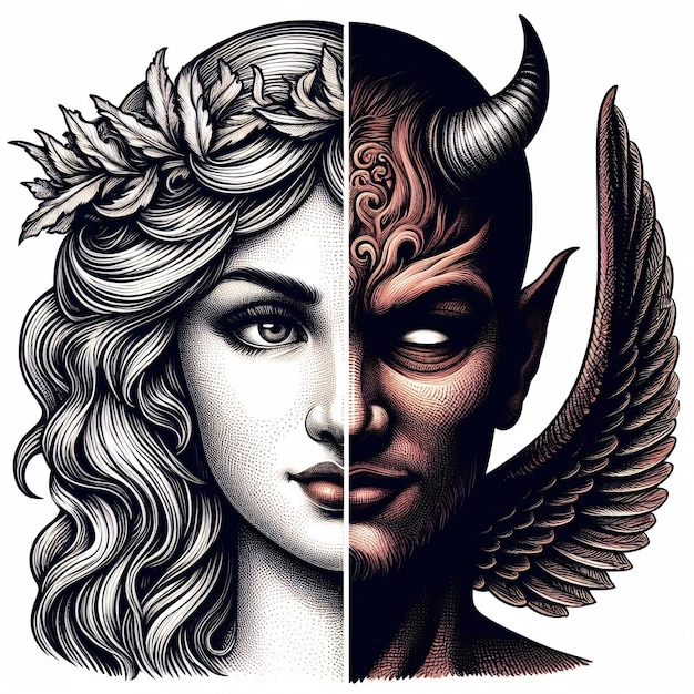 GOOD AND BAD ANGEL AND DEVIL HALF FACE ILLUSTRATION FOR TATTOO DESIGN