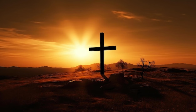 Good friday theme with cross silhouette on golden sunset sky Generative AI