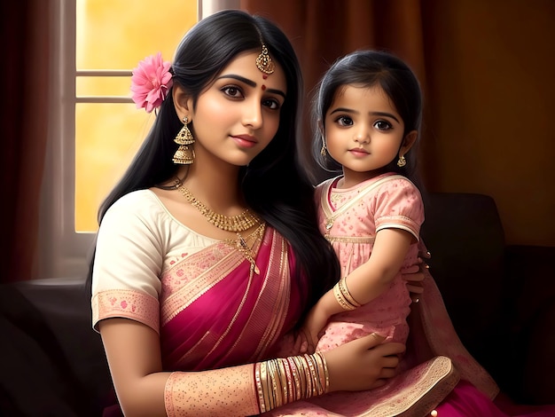 a good looking Indian romantic girl with her cute baby girl