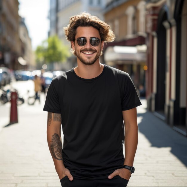 Good looking man wearing blank tshirt for mockup