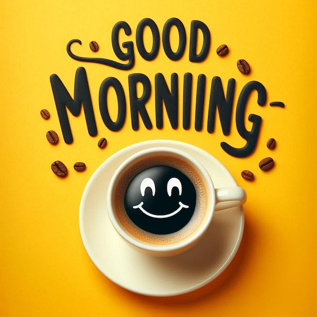 Photo good morning coffee with smiling face art on yellow background