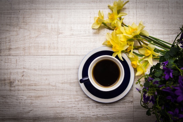 Good morning Coffee with spring flowers