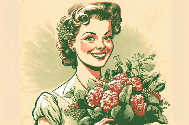 Goodlooking vintage woman holding a bouquet of flowers smiling and excited Ideal for Mother's Day posters flyers Generative AI