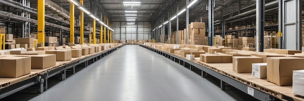 Goods packages lying on storehouse racks waiting for transportation in empty storage Products car