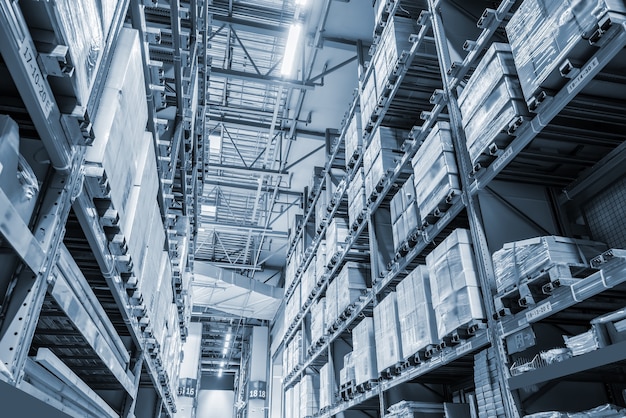 Goods on shelves of distribution center warehouse