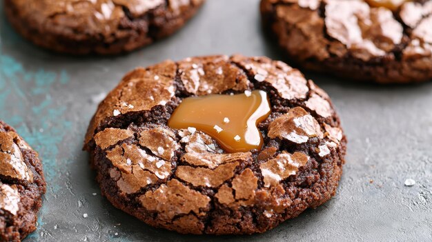 Photo gooey chocolate cookies with caramel drizzle