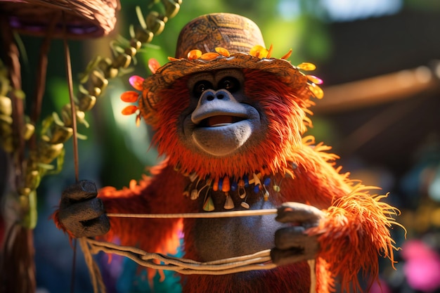 A goofylooking orangutan wearing a sun hat and sunglasses playing with a hula hoop and a big smile