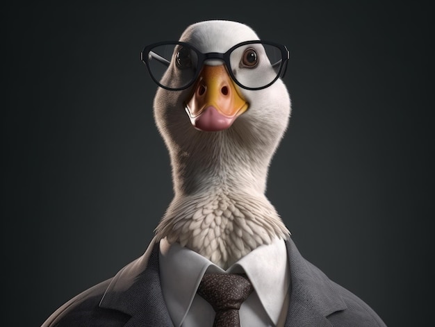 Photo goose dressed in a business suit and wearing glasses close up portrait