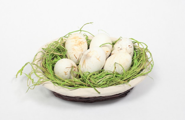 Goose eggs of biological farm on white